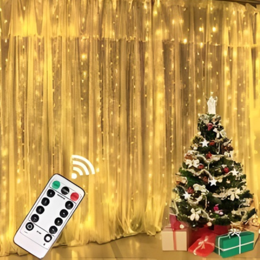 CORTINA DE LUCES CÁLIDAS Y MULTICOLOR CON MANDO