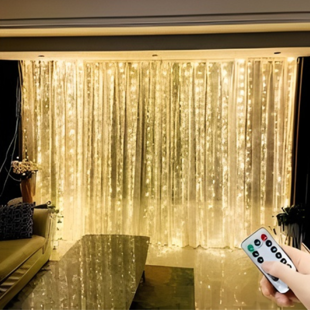 CORTINA DE LUCES CÁLIDAS Y MULTICOLOR CON MANDO