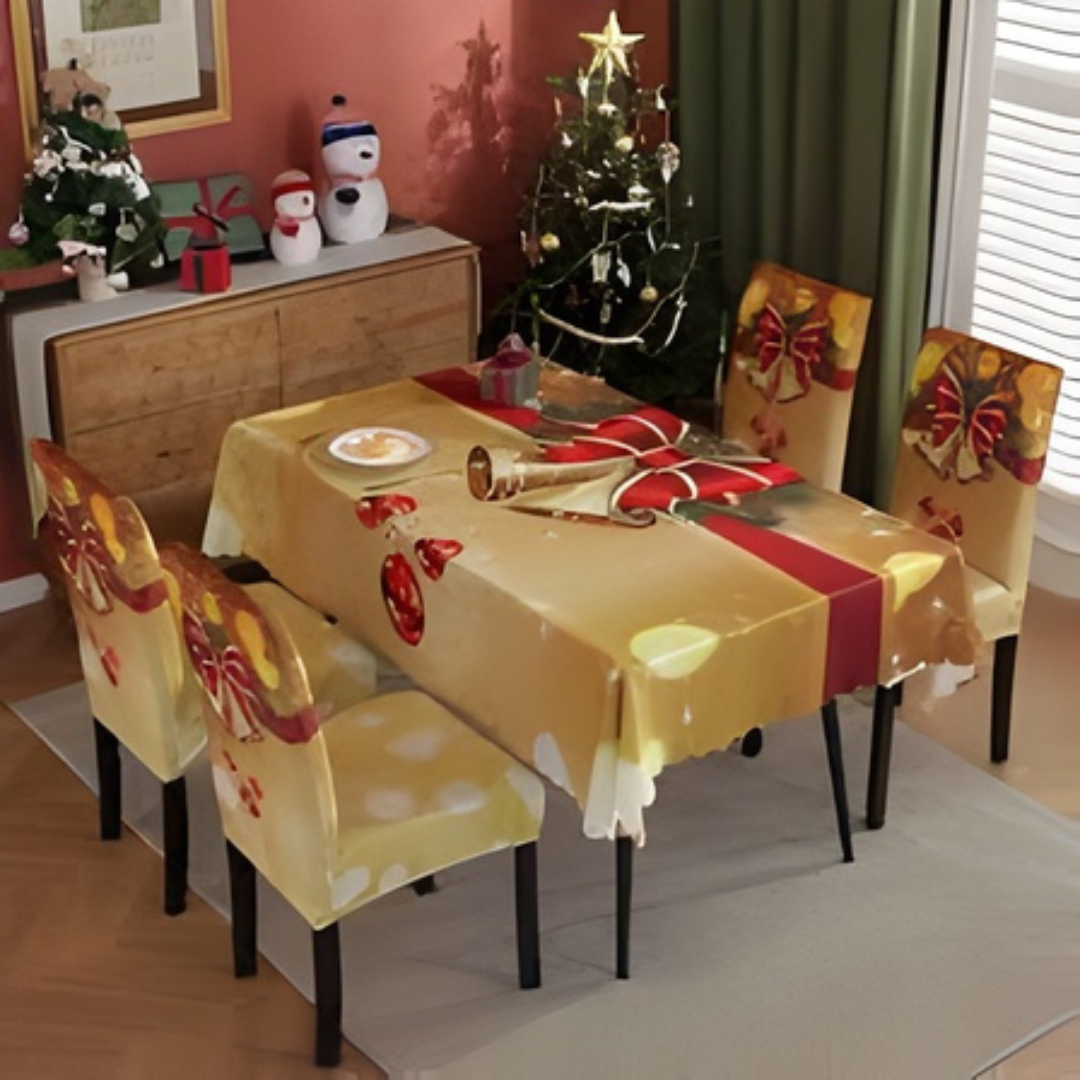COMBO MANTEL RECTANGULAR NAVIDEÑO CON FUNDAS PARA SILLAS + INDIVIDUALES