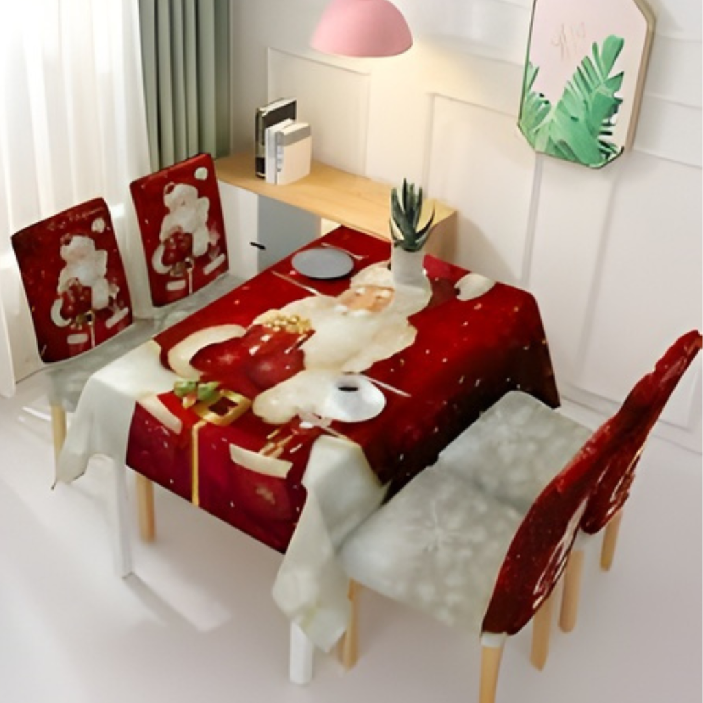MANTEL RECTANGULAR NAVIDEÑO CON FUNDAS PARA SILLAS