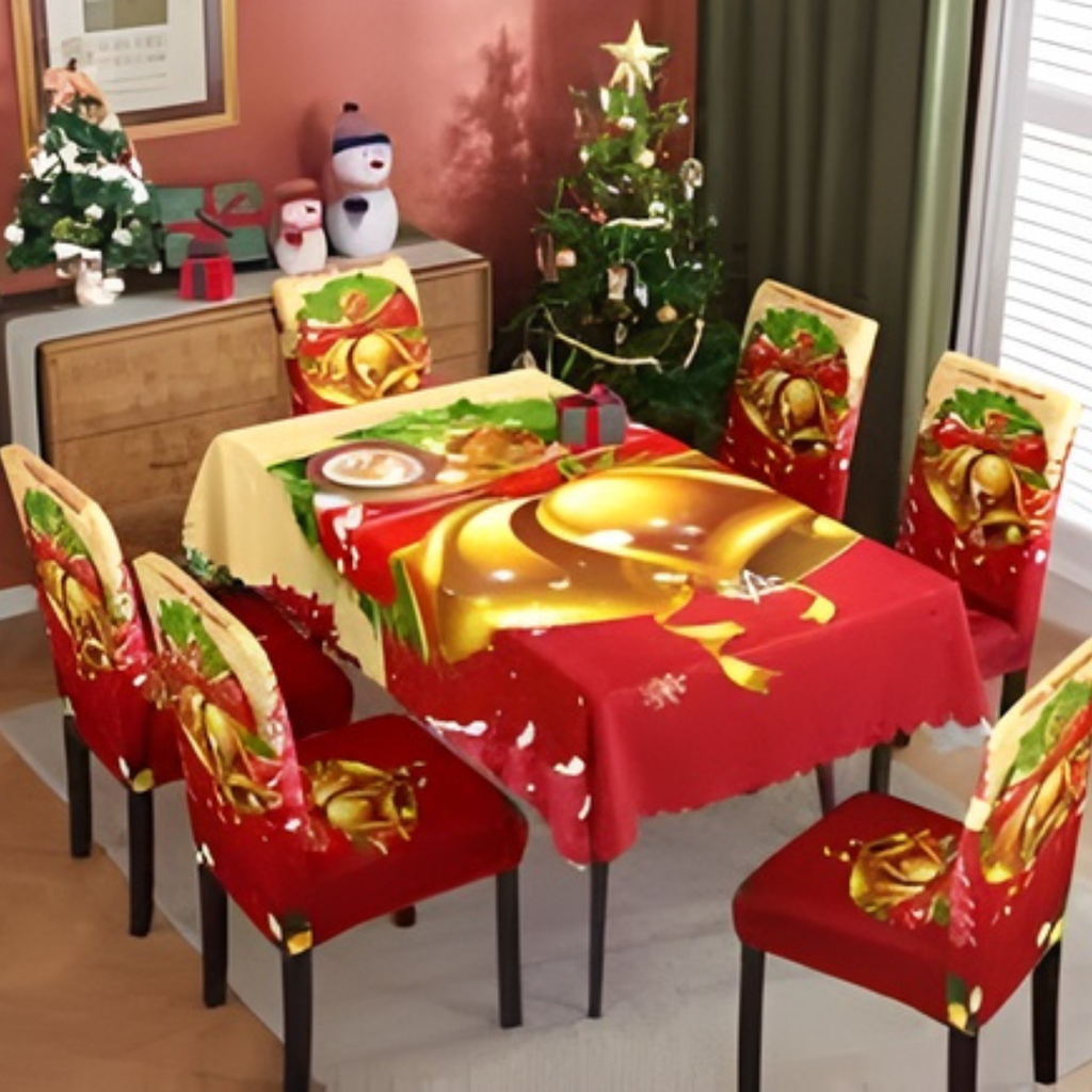COMBO MANTEL RECTANGULAR NAVIDEÑO CON FUNDAS PARA SILLAS + INDIVIDUALES