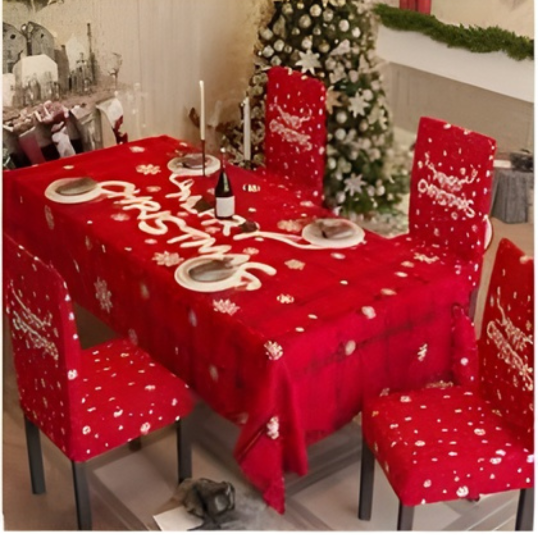 MANTEL RECTANGULAR NAVIDEÑO CON FUNDAS PARA SILLAS