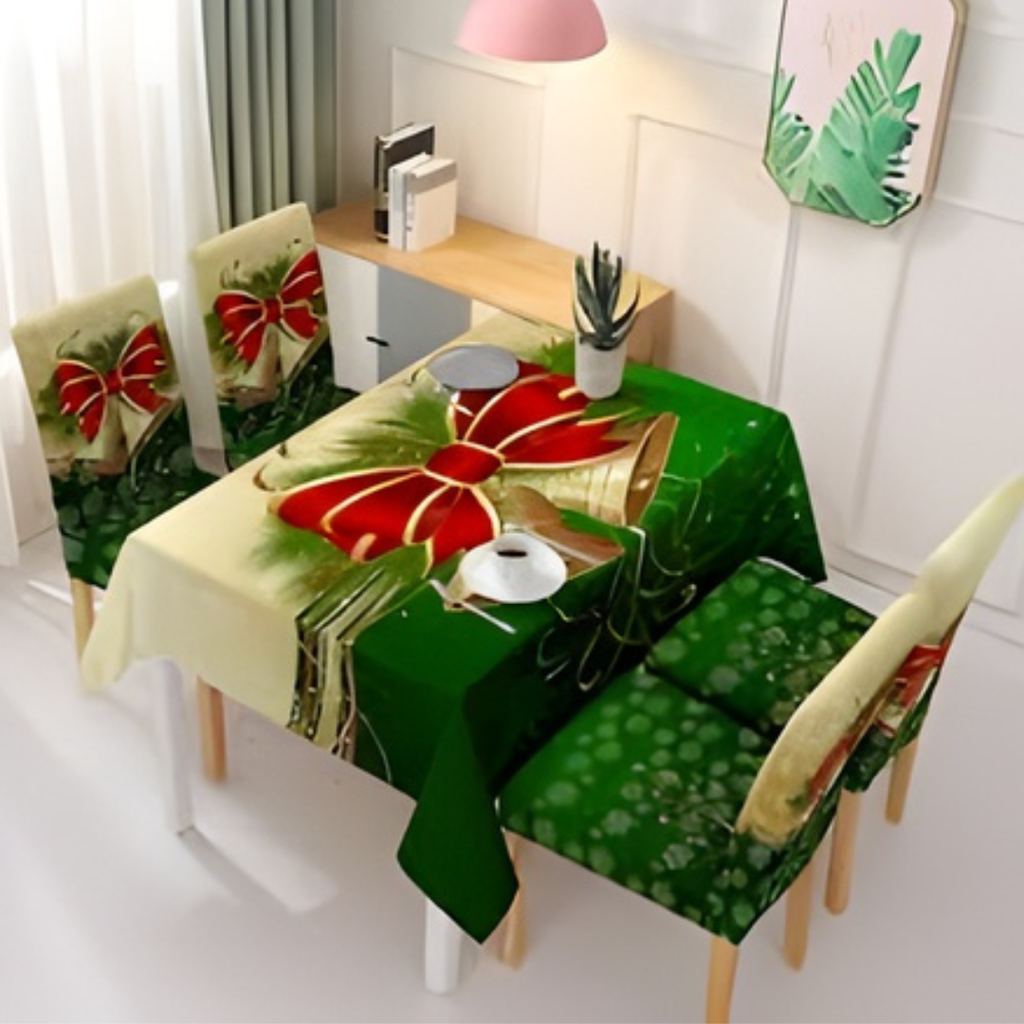 MANTEL RECTANGULAR NAVIDEÑO CON FUNDAS PARA SILLAS